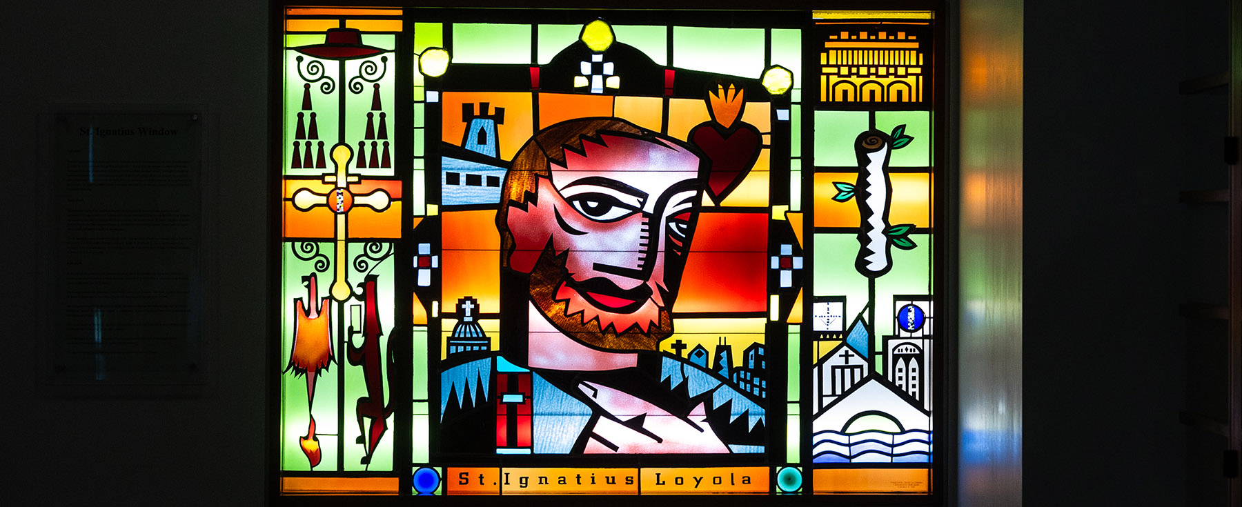 St. Ignatius stained glass window located in the Stritch School of Medicine